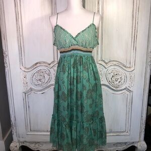 BCBGMAXAZRIA Lovely Green Silk Smocked Waist Spaghetti Strap Dress Size Medium
